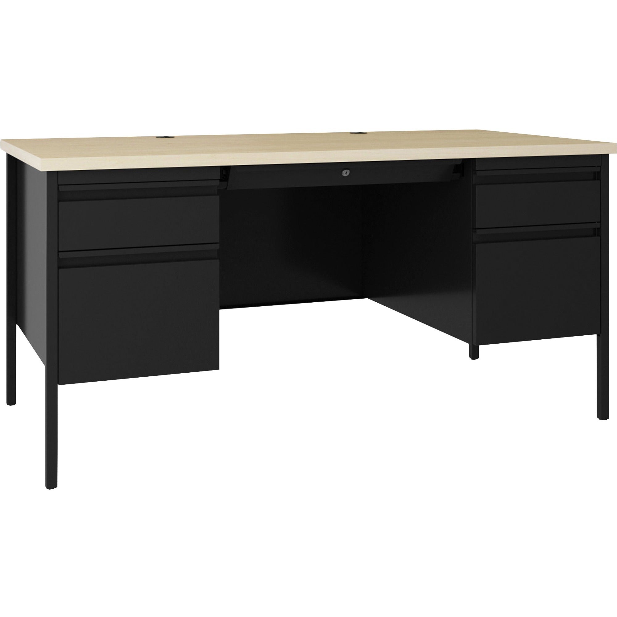 Lorell Fortress Series Double-Pedestal Desk - 60" x 29.5"30" , 1.1" Top, 0.8" Modesty Panel - File Drawer(s) - Double Pedestal - Square Edge - Material: Steel - Finish: Black