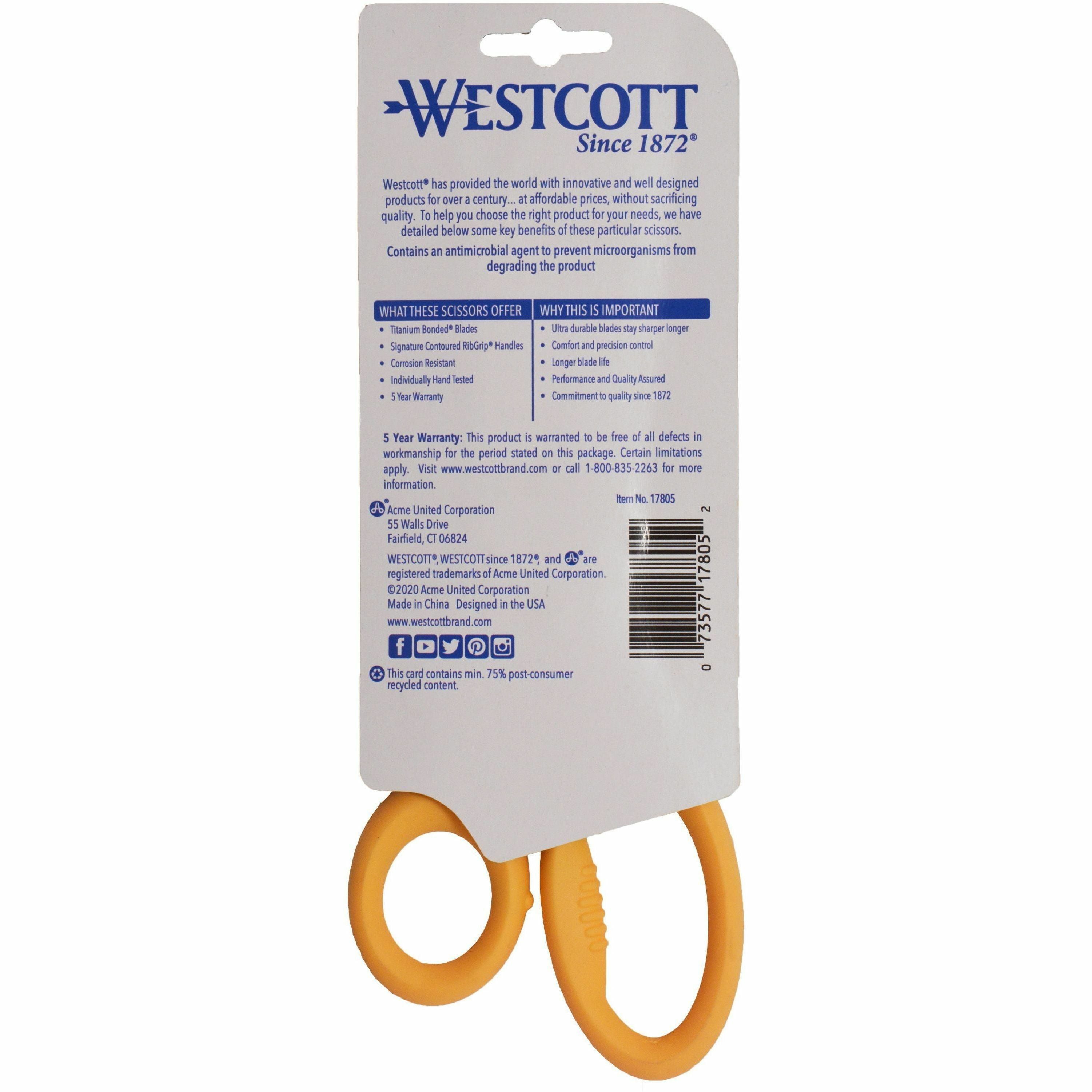westcott-8-titanium-bonded-antimicrobial-scissors-left-right-titanium-straight-tip-gray-yellow-1-each_acm17805 - 2