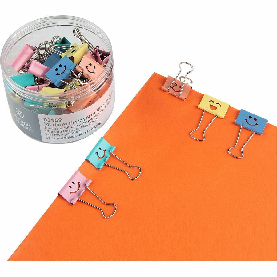 Business Source Smiling Face Binder Clips - Medium - for Paper, Office, Classroom - Sturdy - 42 / Tube - Assorted - 2