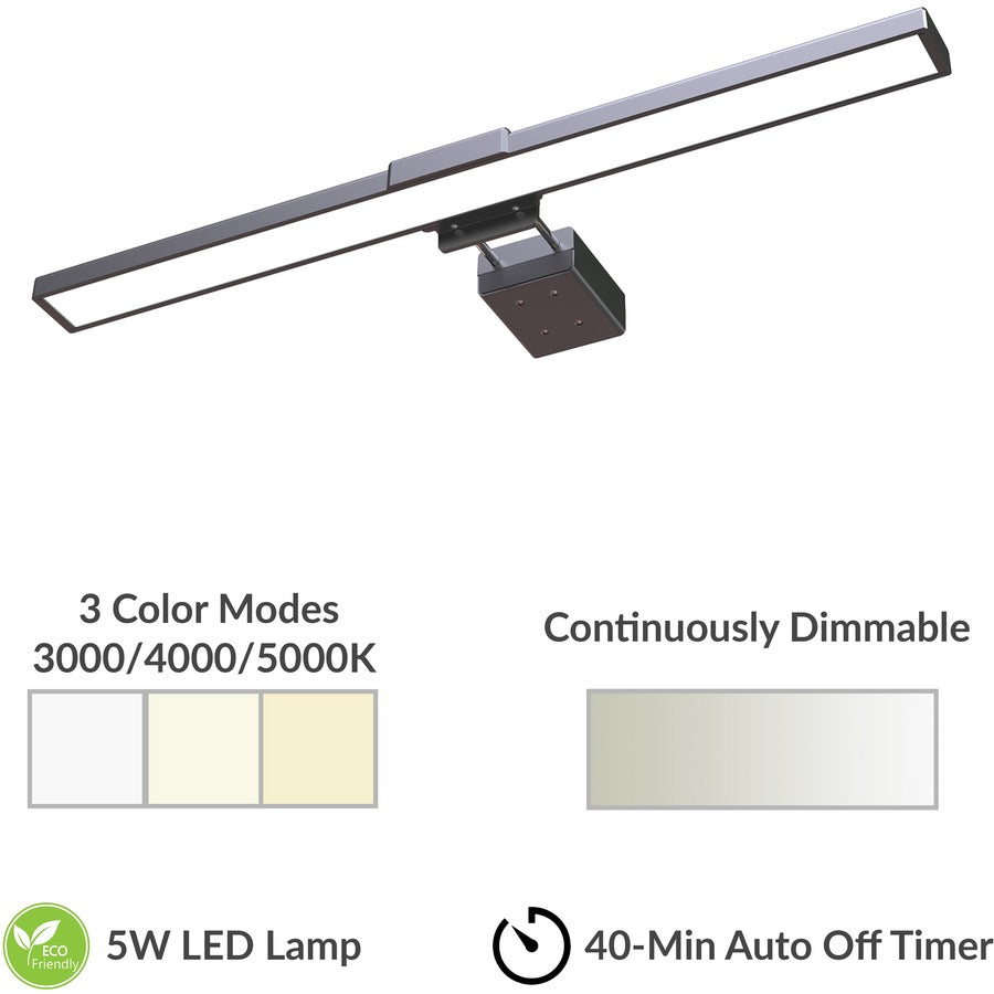 Lorell 15.75" LED Monitor Lamp - 0.9" Height - 3.6" Width - LED Bulb - Built-in Clip, Dimmable, Automatic Off Timer - Black - for LCD Monitor, Desk