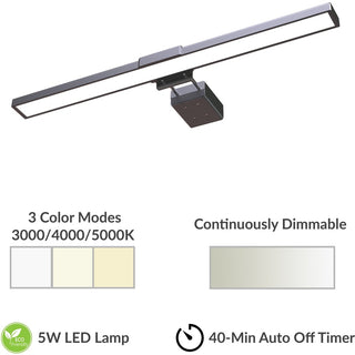 Lorell 15.75" LED Monitor Lamp - 0.9" Height - 3.6" Width - LED Bulb - Built-in Clip, Dimmable, Automatic Off Timer - Black - for LCD Monitor, Desk