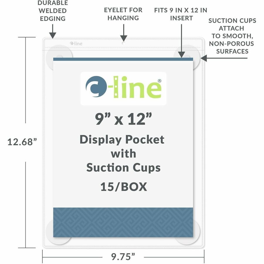 C-Line Heavyweight Display Pocket - 15 / Box - 9" Width x 12" Height - Heavyweight, Strong, Top Loading, Suction Cup - Clear