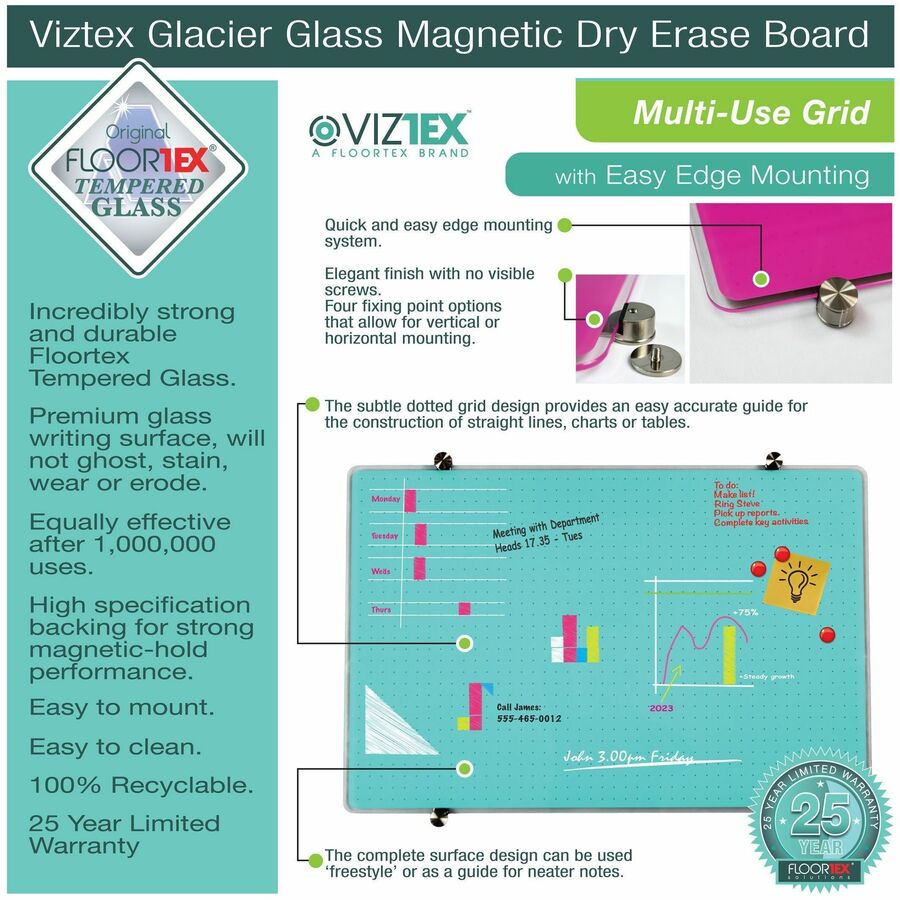 Viztex Glacier White Multi-Purpose Grid Glass Dry Erase Board 24" x 36" - Provides highly effective visual communication and organization using the multi-use grid design.