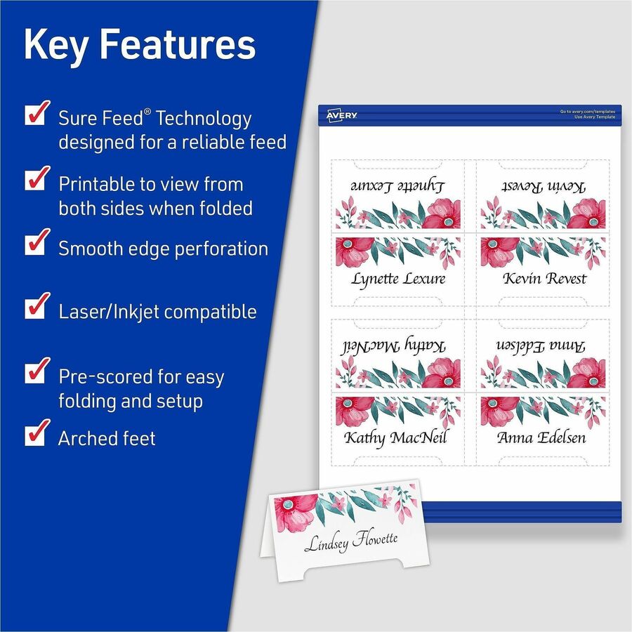 Avery Sure Feed Arched Tent Cards - 97 Brightness - 3 3/4" x 2 1/16" - 65 lb Basis Weight - 176 g/m2 Grammage - Matte - 5 / Pack - Printable, Scratch Proof, Die-cut, Perforated, Print-to-the-edge, Pre-scored - White