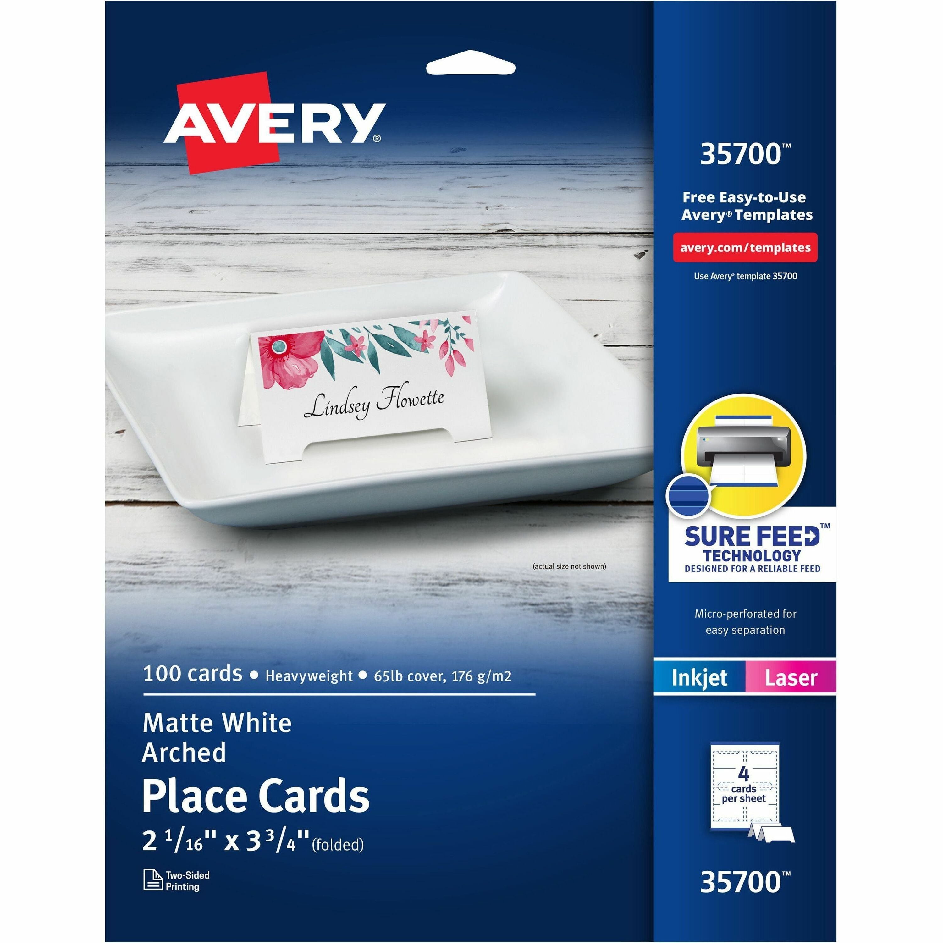 Avery Sure Feed Arched Tent Cards - 97 Brightness - 3 3/4" x 2 1/16" - 65 lb Basis Weight - 176 g/m2 Grammage - Matte - 5 / Pack - Printable, Scratch Proof, Die-cut, Perforated, Print-to-the-edge, Pre-scored - White - 1