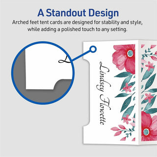 Avery Sure Feed Arched Tent Cards - 97 Brightness - 3 3/4" x 2 1/16" - 65 lb Basis Weight - 176 g/m2 Grammage - Matte - 5 / Pack - Printable, Scratch Proof, Die-cut, Perforated, Print-to-the-edge, Pre-scored - White