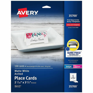 Avery Sure Feed Arched Tent Cards - 97 Brightness - 3 3/4" x 2 1/16" - 65 lb Basis Weight - 176 g/m2 Grammage - Matte - 5 / Pack - Printable, Scratch Proof, Die-cut, Perforated, Print-to-the-edge, Pre-scored - White