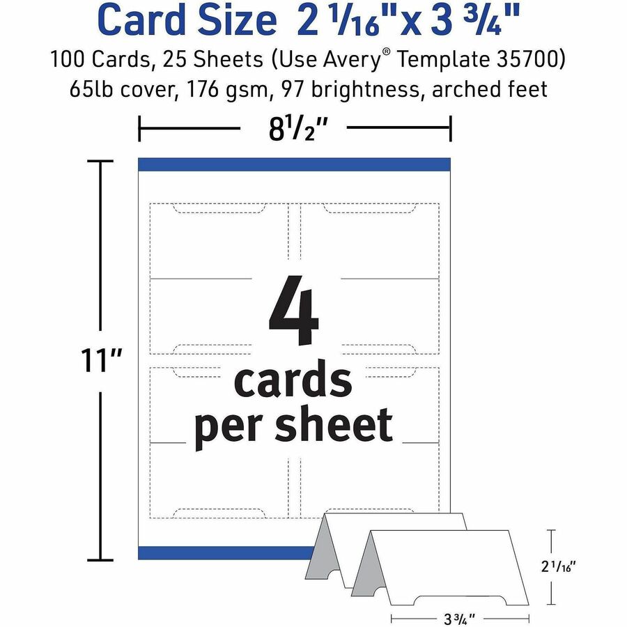Avery Sure Feed Arched Tent Cards - 97 Brightness - 3 3/4" x 2 1/16" - 65 lb Basis Weight - 176 g/m2 Grammage - Matte - 5 / Pack - Printable, Scratch Proof, Die-cut, Perforated, Print-to-the-edge, Pre-scored - White