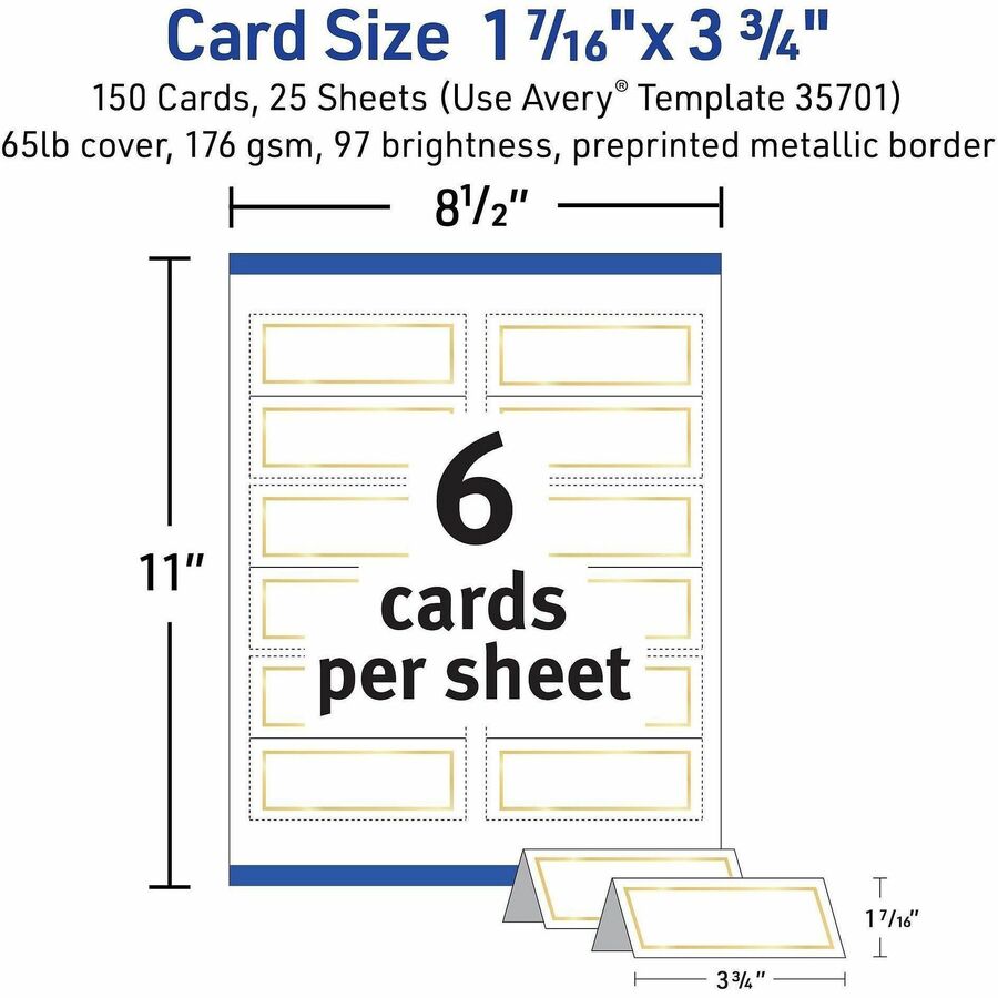 Tent Cards, White/Gold, 3.75" x 1.44", 6 Cards/Sheet, 25 Sheets/Pack