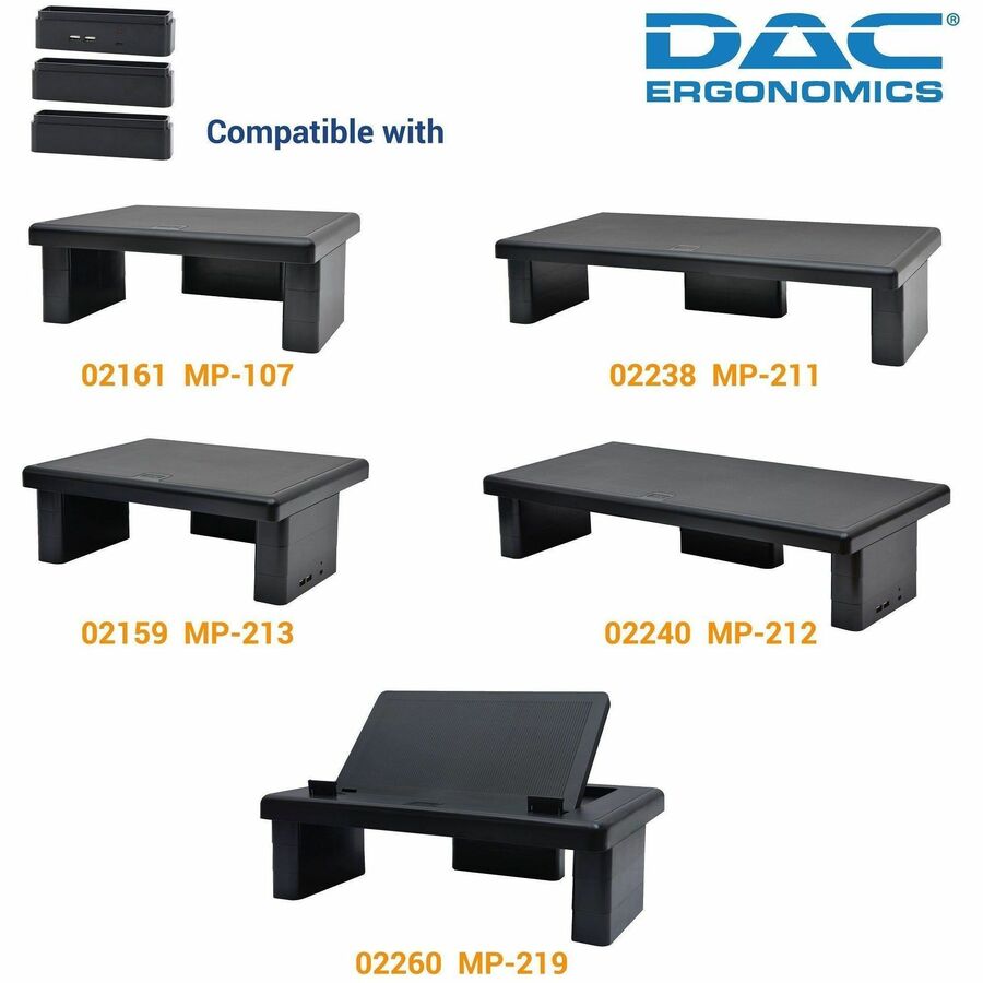 DAC Stax Monitor Riser Block Kit with 2 USB Charging Ports - 6" Length x 1.5" Width x 1.5" Height - Black