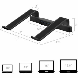 DAC Non-Skid Laptop Stand With 4-Port USB 3.0 Hub - 3" Height x 9.8" Width - Aluminum Alloy - Black