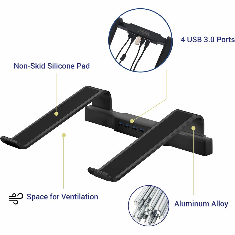 DAC Non-Skid Laptop Stand With 4-Port USB 3.0 Hub - 3" Height x 9.8" Width - Aluminum Alloy - Black
