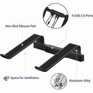 DAC Non-Skid Laptop Stand With 4-Port USB 3.0 Hub - 3" Height x 9.8" Width - Aluminum Alloy - Black