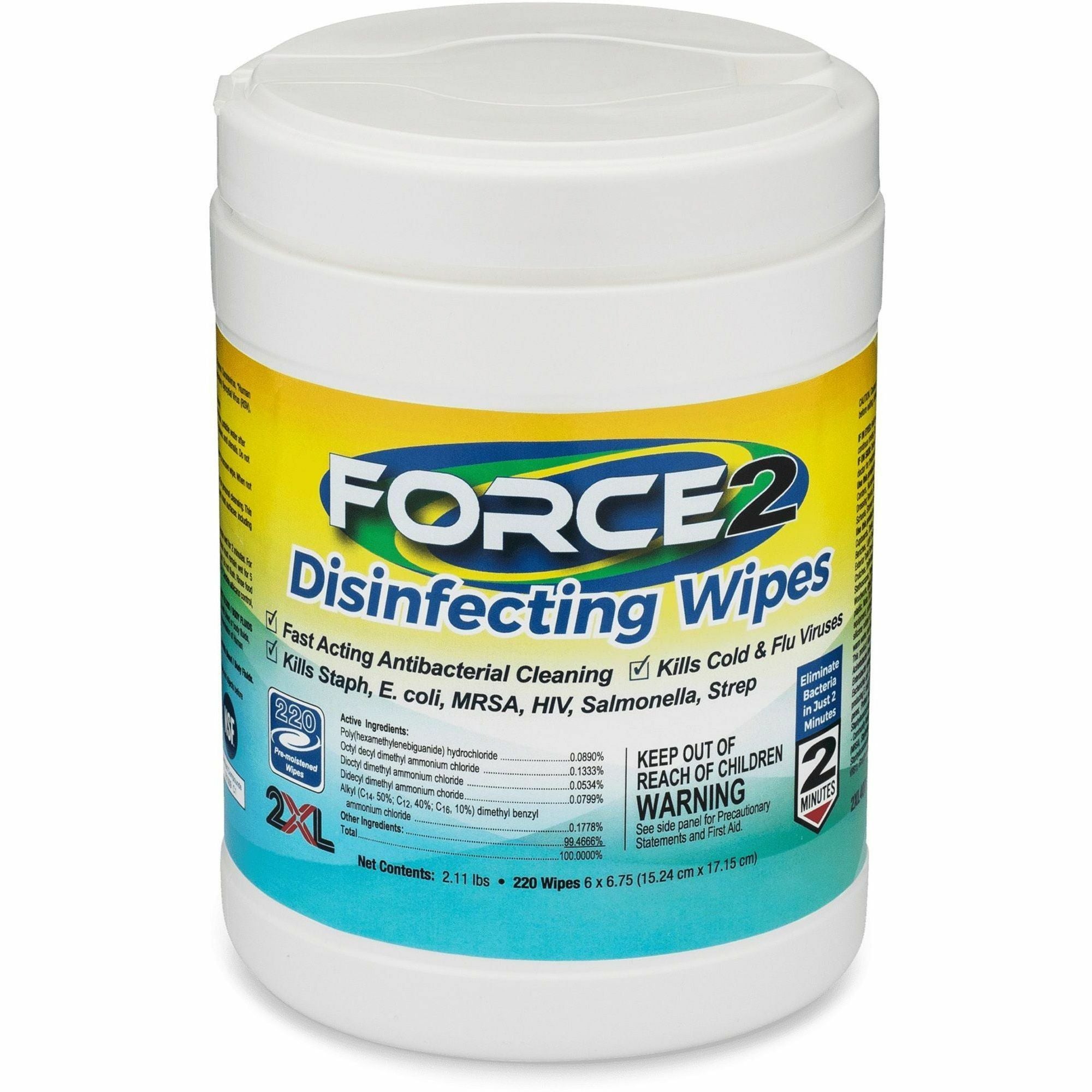 2XL FORCE2 Disinfecting Wipes - 6.75" Length x 6" Width - 220 / Tub - 1 Each - Fast Acting, Non-toxic, Non-irritating, Pre-moistened, Alcohol-free, Phenol-free, Bleach-free, Ammonia-free - White