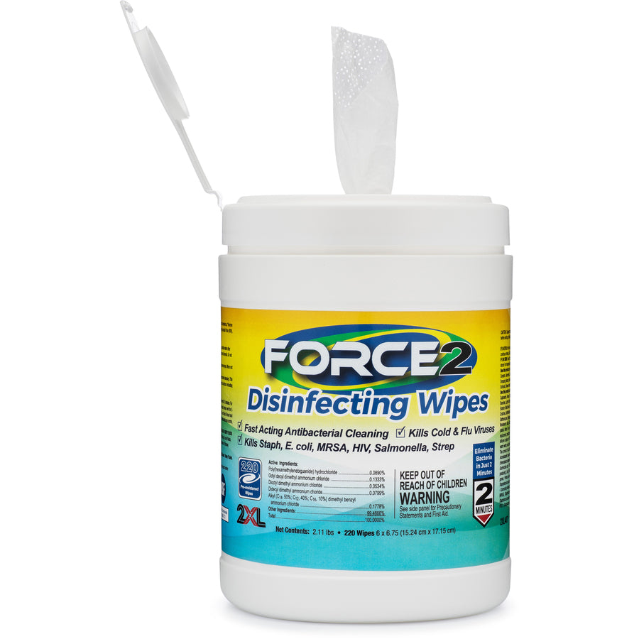 2XL FORCE2 Disinfecting Wipes - 6.75" Length x 6" Width - 220 / Tub - 1 Each - Fast Acting, Non-toxic, Non-irritating, Pre-moistened, Alcohol-free, Phenol-free, Bleach-free, Ammonia-free - White - 3