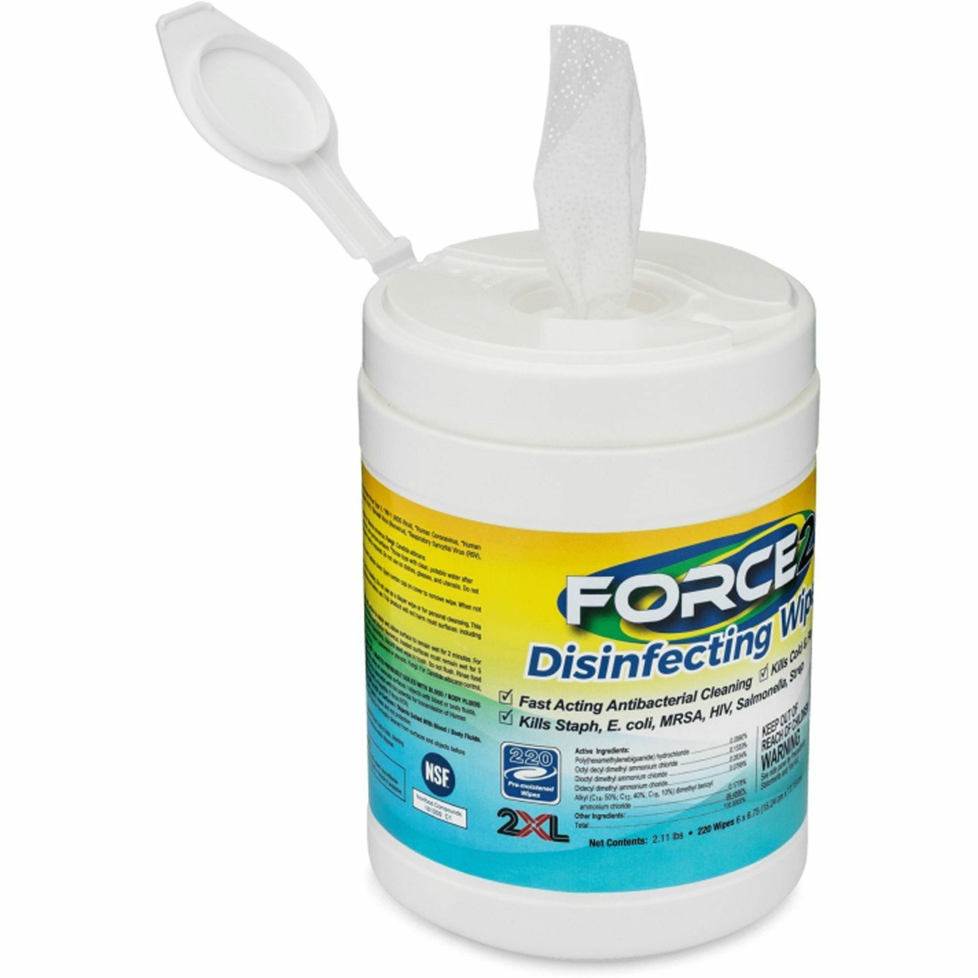 2XL FORCE2 Disinfecting Wipes - 6.75" Length x 6" Width - 220 / Tub - 1 Each - Fast Acting, Non-toxic, Non-irritating, Pre-moistened, Alcohol-free, Phenol-free, Bleach-free, Ammonia-free - White - 2