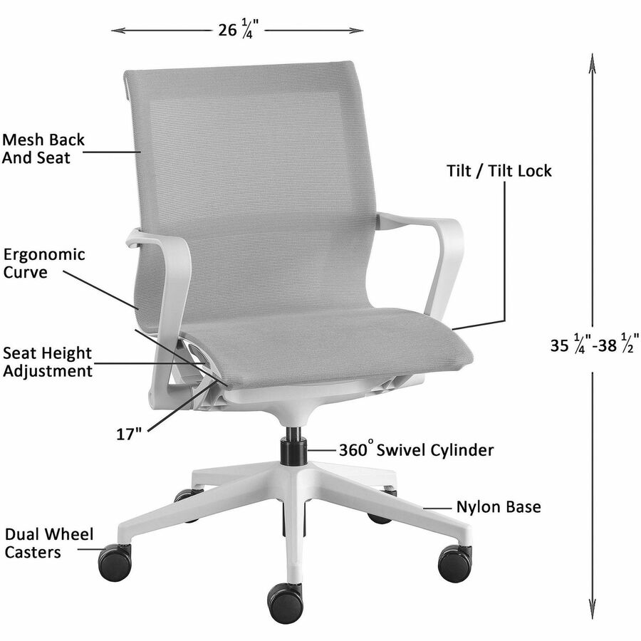 Lorell Premium Executive Mesh Mid-back Sling Chair - Nylon Seat - Nylon, Mesh Back - Plastic Frame - Mid Back - 5-star Base - Gray - 1 Each