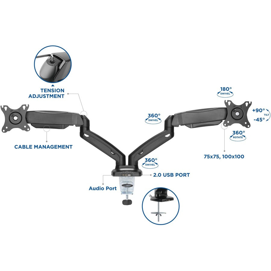 Lorell Mounting Arm for Monitor - Black - Height Adjustable - 2 Display(s) Supported - 14.30 lb Load Capacity - 75 x 75, 100 x 100 - 1 Each