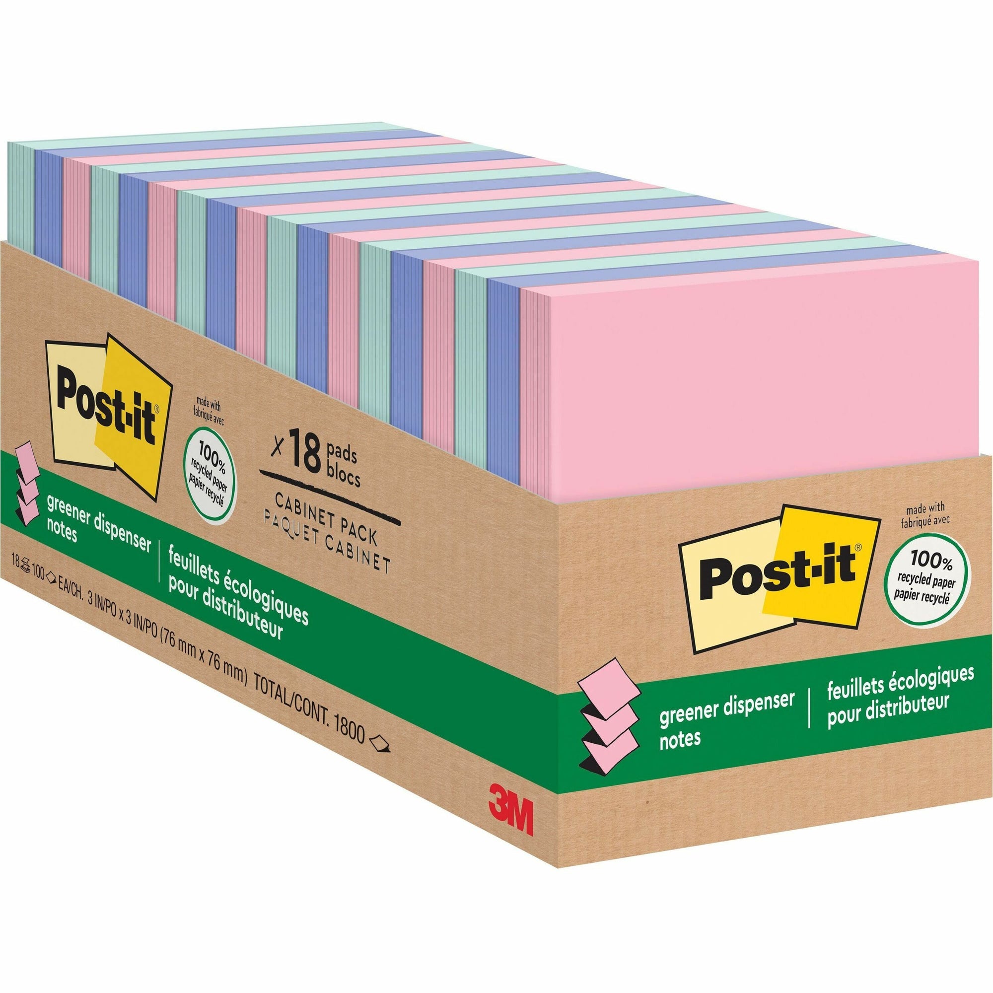 Post-it Greener Dispenser Notes - 3" x 3" - Square - 100 Sheets per Pad - Positively Pink, Fresh Mint, Moonstone - Paper - Self-stick, Removable, Recyclable, Pop-up, Residue-free, Eco-friendly - 1800 / Pack - Recycled