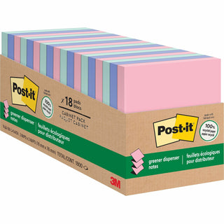 Post-it Greener Dispenser Notes - 3" x 3" - Square - 100 Sheets per Pad - Positively Pink, Fresh Mint, Moonstone - Paper - Self-stick, Removable, Recyclable, Pop-up, Residue-free, Eco-friendly - 1800 / Pack - Recycled