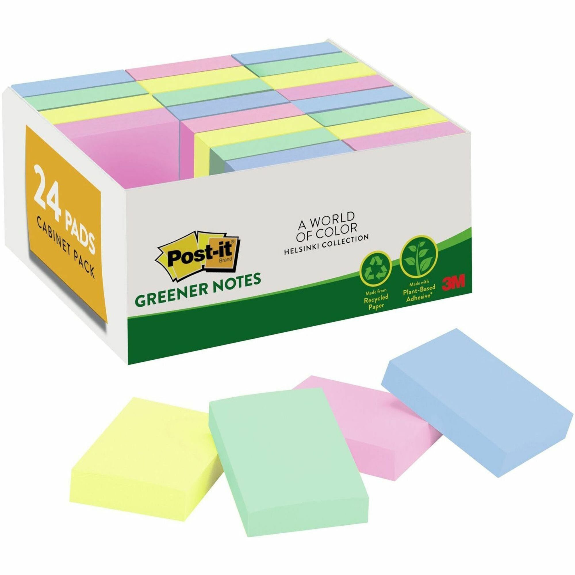 Post-it Greener Notes Value Pack - Beachside Cafe Color Collection - 1.50" x 2" - Rectangle - Positively Pink, Canary Yellow, Fresh Mint, Moonstone - Paper - Self-stick, Removable, Recyclable, Residue-free, Eco-friendly - 24 / Pack - Recycled