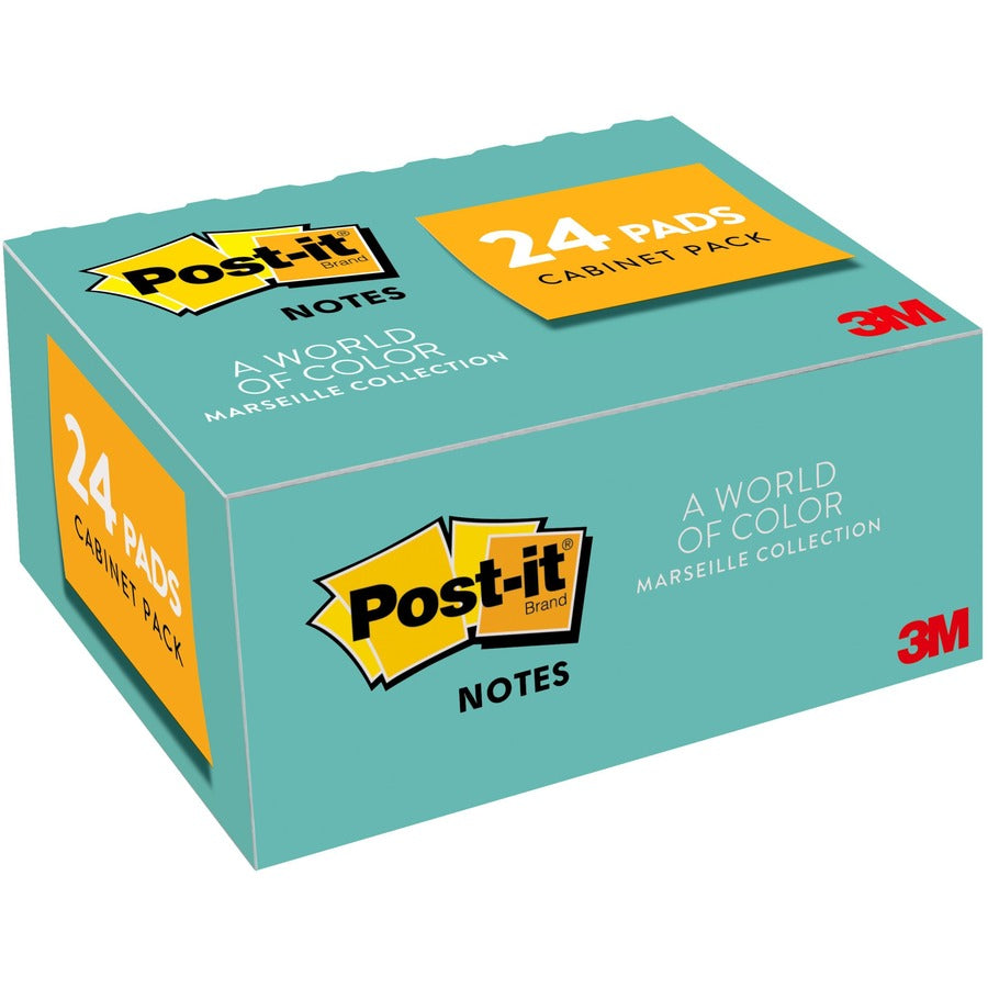 Post-it Greener Notes Value Pack - Beachside Cafe Color Collection - 1.50" x 2" - Rectangle - Positively Pink, Canary Yellow, Fresh Mint, Moonstone - Paper - Self-stick, Removable, Recyclable, Residue-free, Eco-friendly - 24 / Pack - Recycled - 3