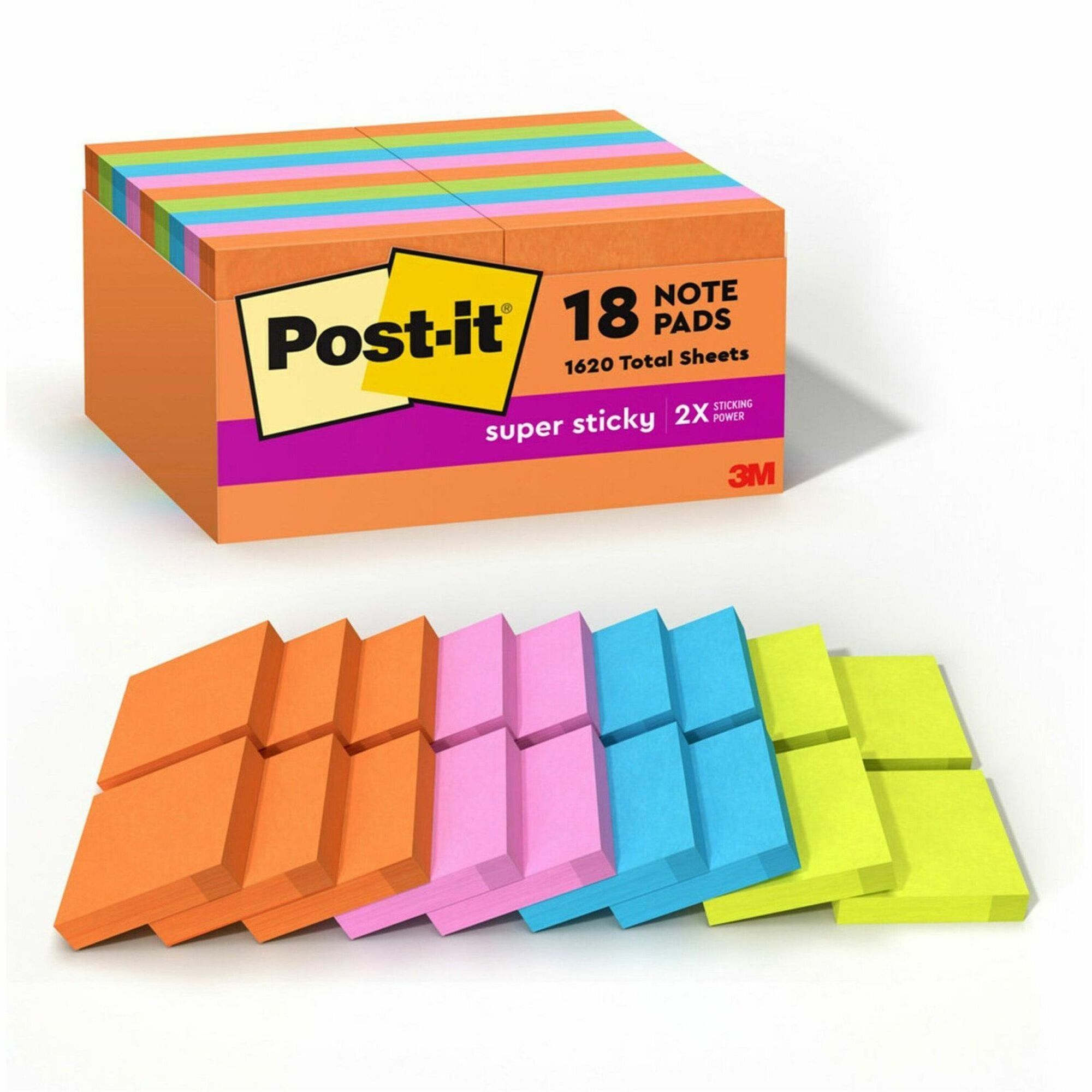 Post-it Super Sticky Notes - Energy Boost Color Collection - 2" x 2" - Square - 90 Sheets per Pad - Multicolor - Paper - Super Sticky, Adhesive, Recyclable, Residue-free - 1620 / Pack