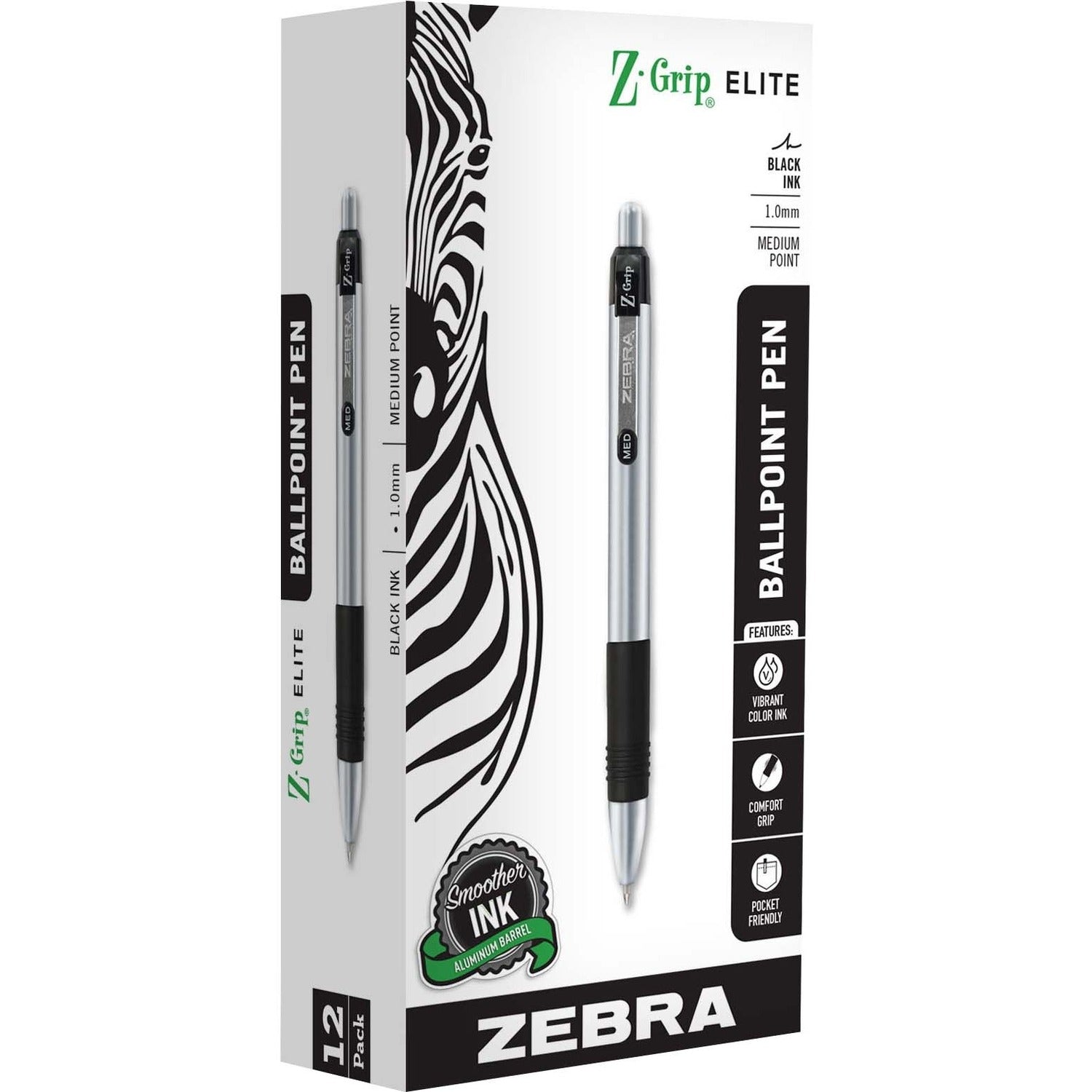 Z-Grip Metal Ballpoint Pen, Retractable, Medium 1 mm, Black Ink, Silver/Black Barrel, 12/Pack