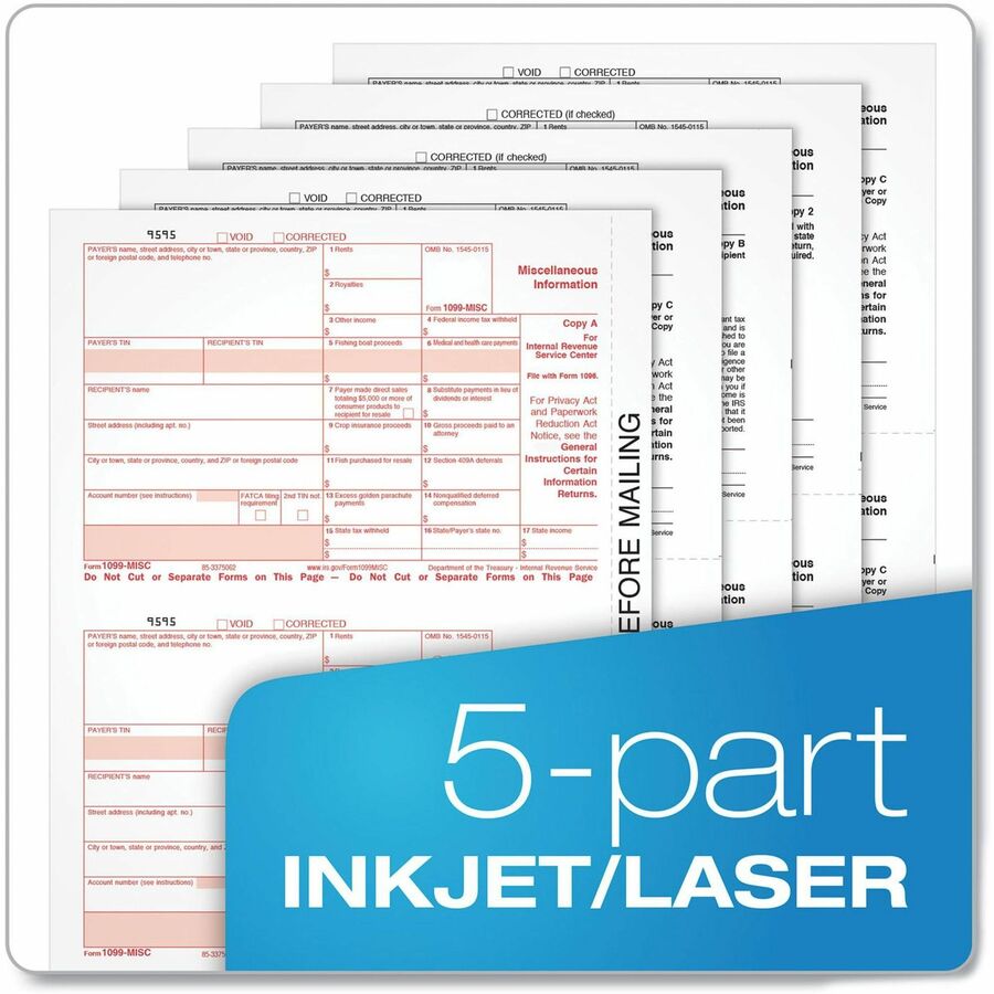 1099-MISC Tax Forms, Fiscal Year: 2023, Five-Part Carbonless, 8.5 x 5.5, 2 Forms/Sheet, 50 Forms Total