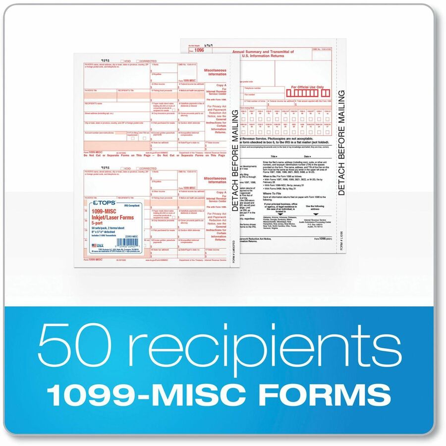 1099-MISC Tax Forms, Fiscal Year: 2023, Five-Part Carbonless, 8.5 x 5.5, 2 Forms/Sheet, 50 Forms Total