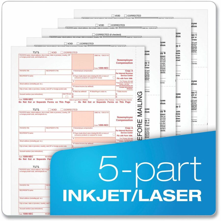 1099-NEC Online Tax Kit, Fiscal Year: 2023, Five-Part Carbonless, 8.5 x 3.5, 3 Forms/Sheet, 24 Forms Total