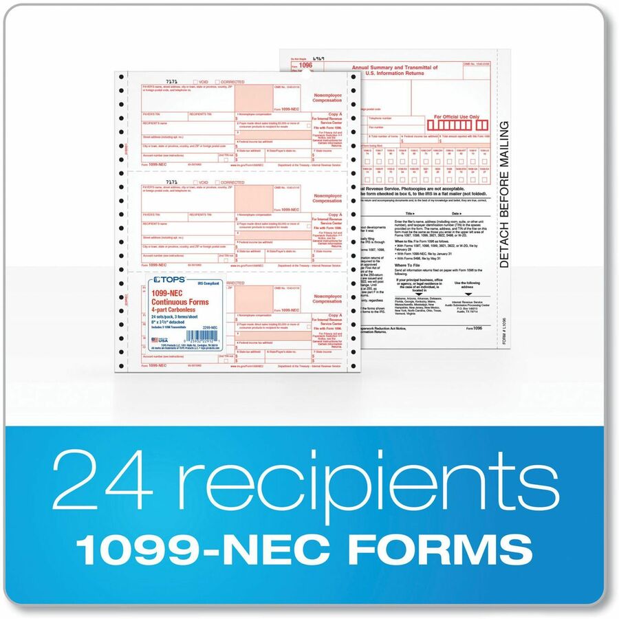 1099-NEC Continuous Tax Forms, Fiscal Year: 2023, Four-Part Carbonless, 8.5 x 5.5, 2 Forms/Sheet, 24 Forms Total