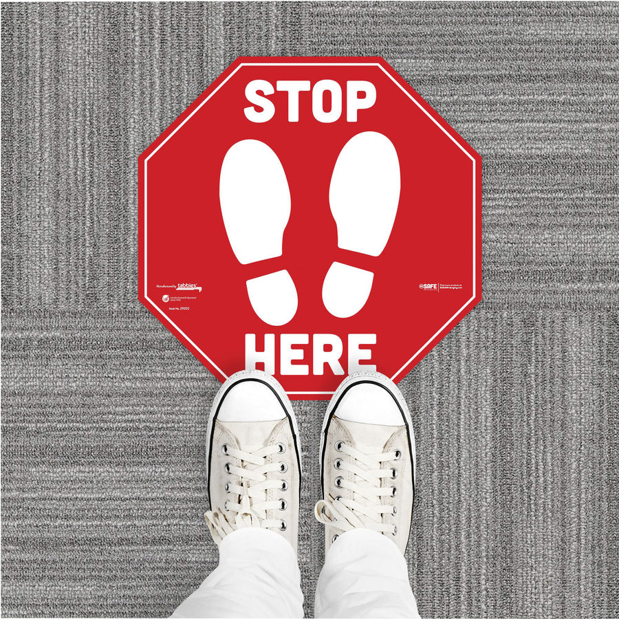tabbies-besafe-stop-here-messaging-carpet-decals-6-pack-stop-here-print-message-12-width-x-12-height-square-shape-easy-readability-removable-pressure-sensitive-adhesive-adjustable-non-slip-acrylic-vinyl-red-white_tab29202 - 2