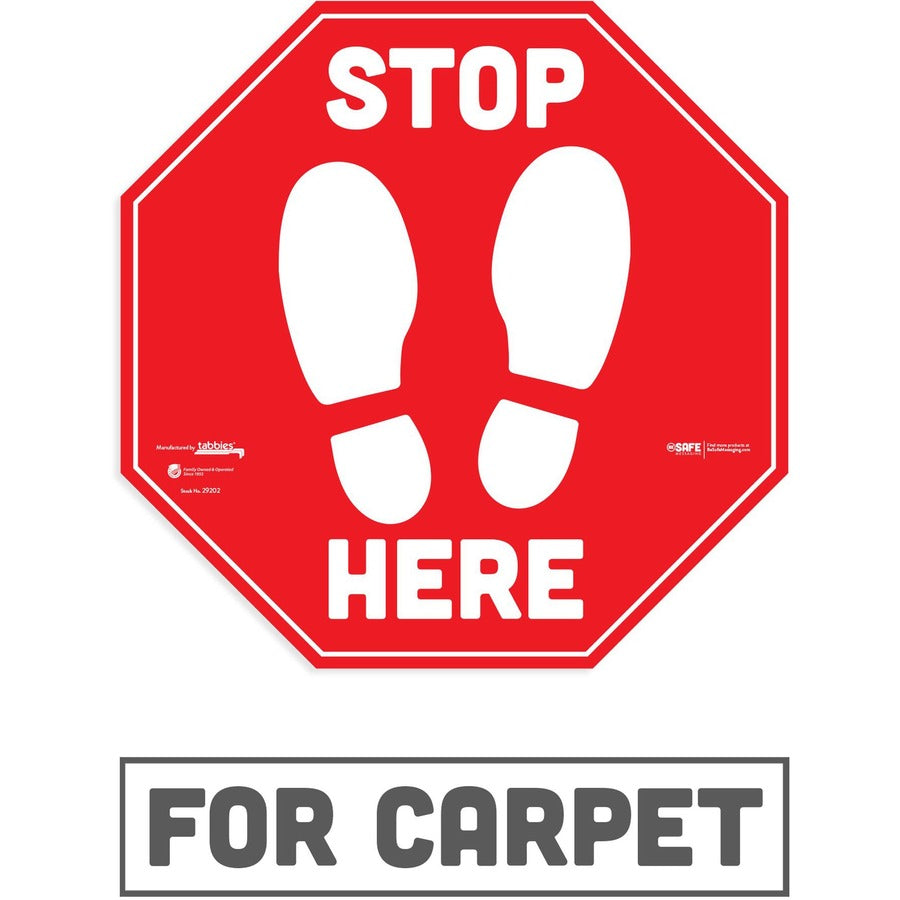 tabbies-besafe-stop-here-messaging-carpet-decals-6-pack-stop-here-print-message-12-width-x-12-height-square-shape-easy-readability-removable-pressure-sensitive-adhesive-adjustable-non-slip-acrylic-vinyl-red-white_tab29202 - 6
