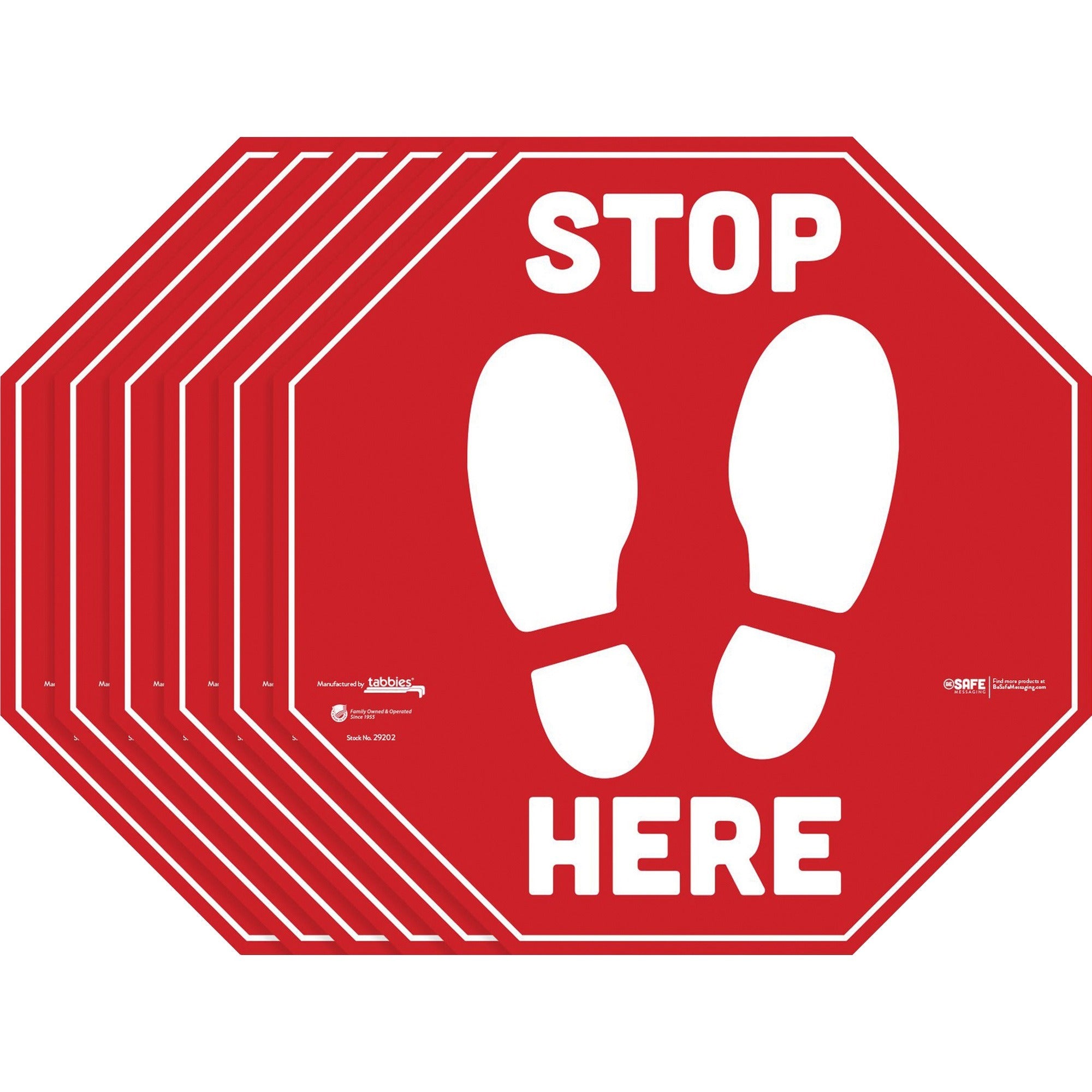 tabbies-besafe-stop-here-messaging-carpet-decals-6-pack-stop-here-print-message-12-width-x-12-height-square-shape-easy-readability-removable-pressure-sensitive-adhesive-adjustable-non-slip-acrylic-vinyl-red-white_tab29202 - 1
