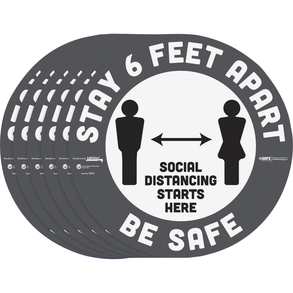 Tabbies BeSafe STAY 6 FEET APART Floor Decals - 6 / Pack - Stay 6 Feet Apart Print/Message - 12" Width x 12" Height - Circle Shape - Easy Readability, Removable, Pressure Sensitive, Adhesive, Adjustable, Non-slip - Acrylic, Vinyl - Gray, White