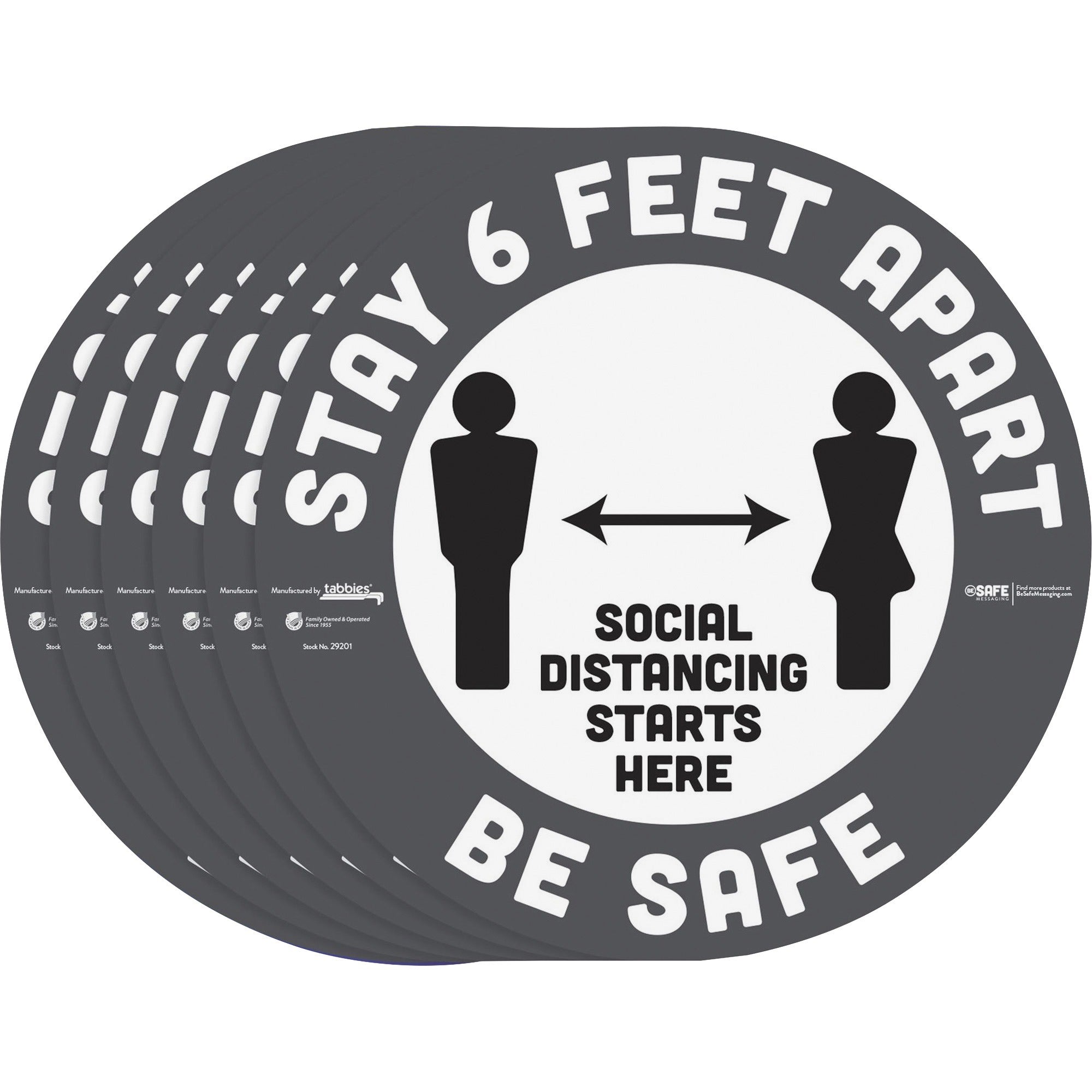 Tabbies BeSafe STAY 6 FEET APART Floor Decals - 6 / Pack - Stay 6 Feet Apart Print/Message - 12" Width x 12" Height - Circle Shape - Easy Readability, Removable, Pressure Sensitive, Adhesive, Adjustable, Non-slip - Acrylic, Vinyl - Gray, White