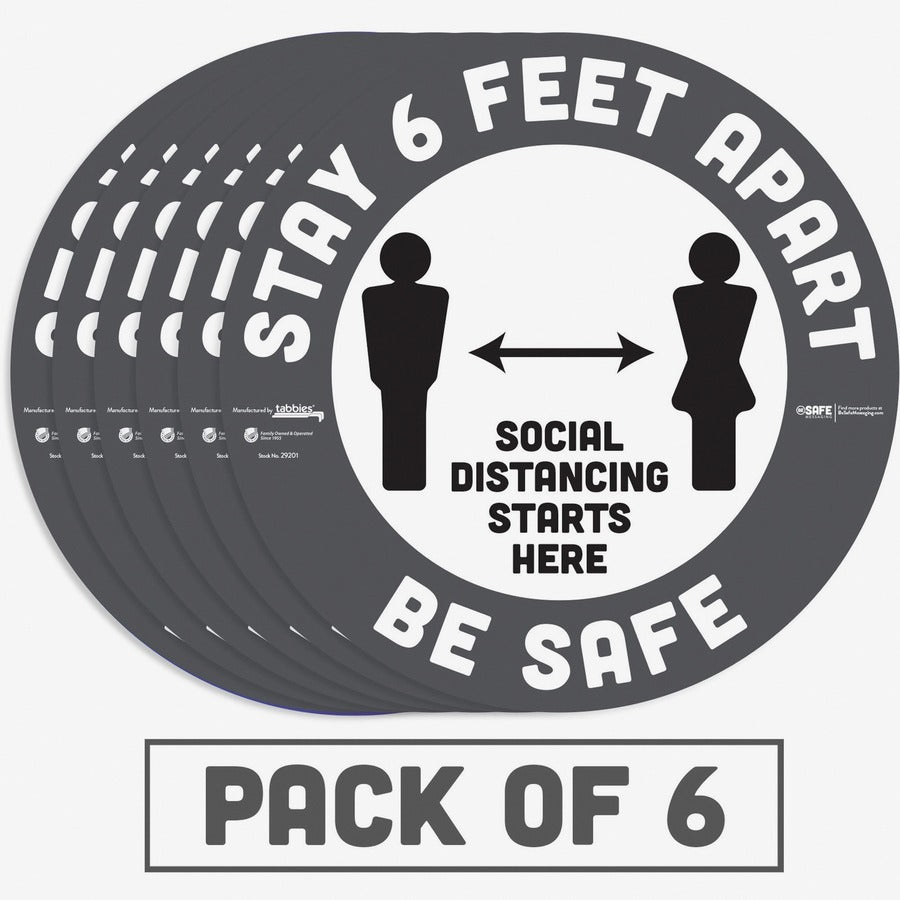 Tabbies BeSafe STAY 6 FEET APART Floor Decals - 6 / Pack - Stay 6 Feet Apart Print/Message - 12" Width x 12" Height - Circle Shape - Easy Readability, Removable, Pressure Sensitive, Adhesive, Adjustable, Non-slip - Acrylic, Vinyl - Gray, White