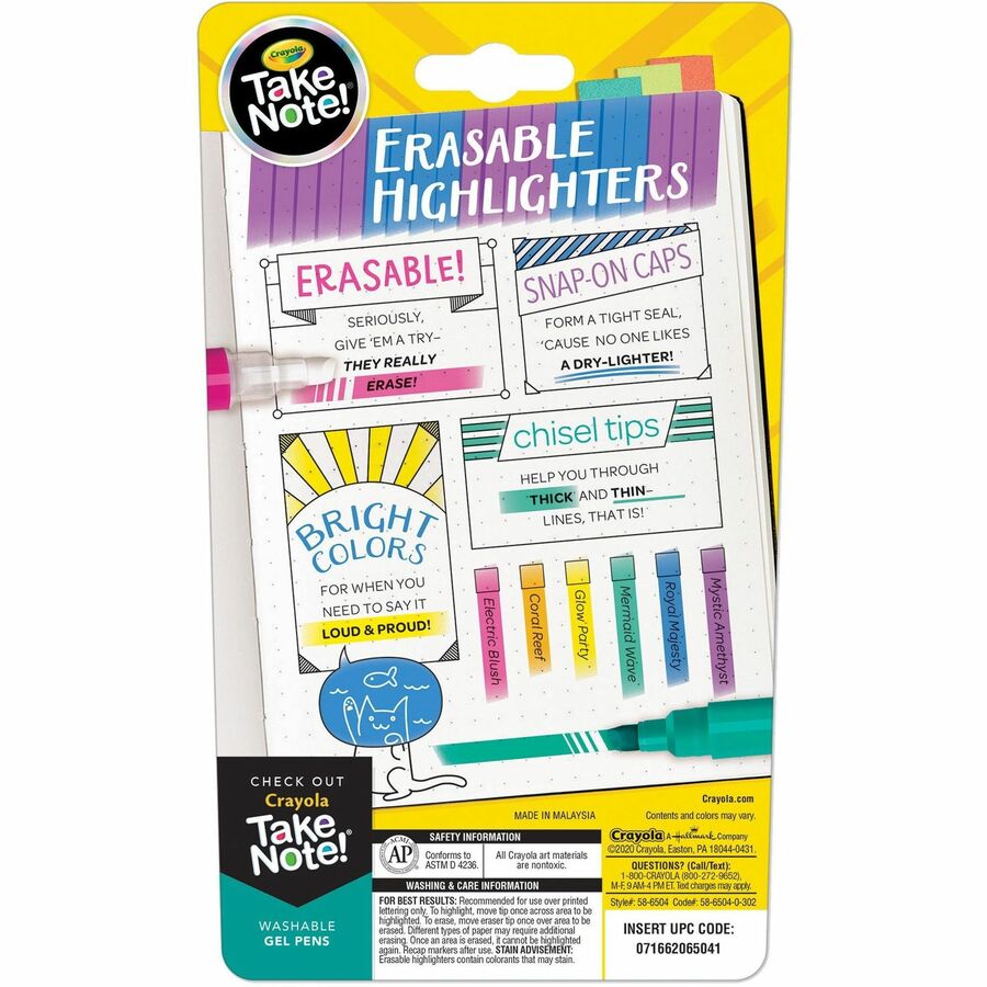 Crayola Take Note Erasable Highlighters - Chisel Marker Point Style - Assorted - 6 / Pack