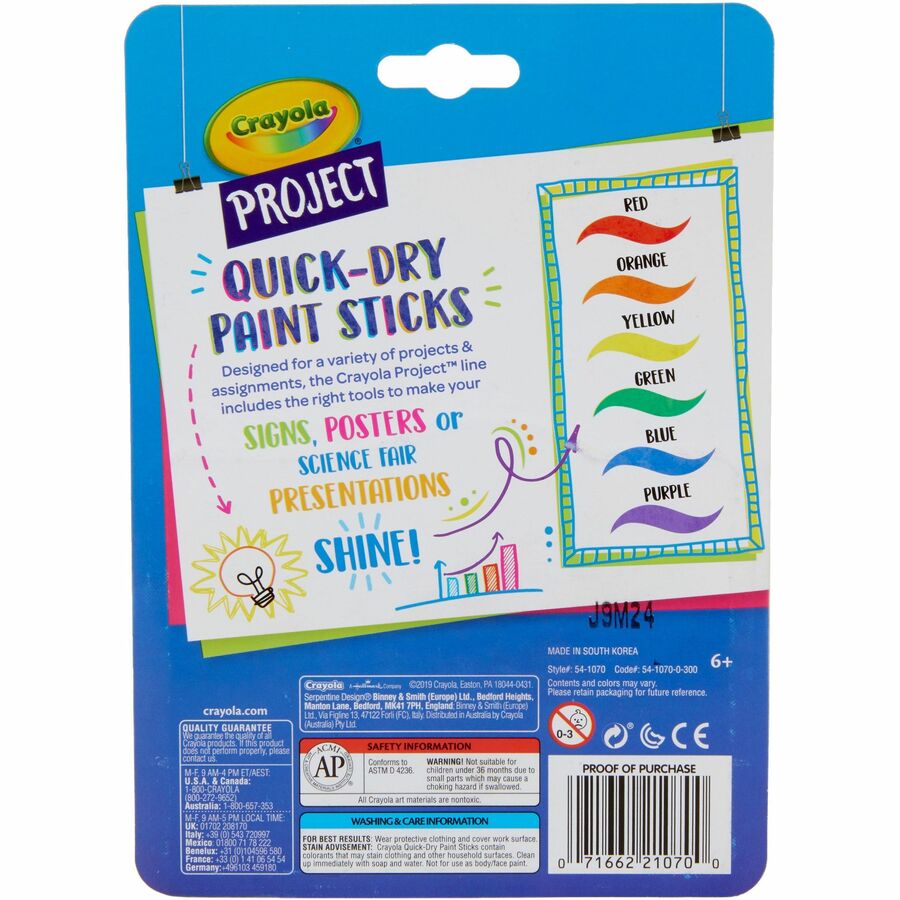 Crayola Project Quick-Dry Paint Sticks - 6 / Pack - Assorted