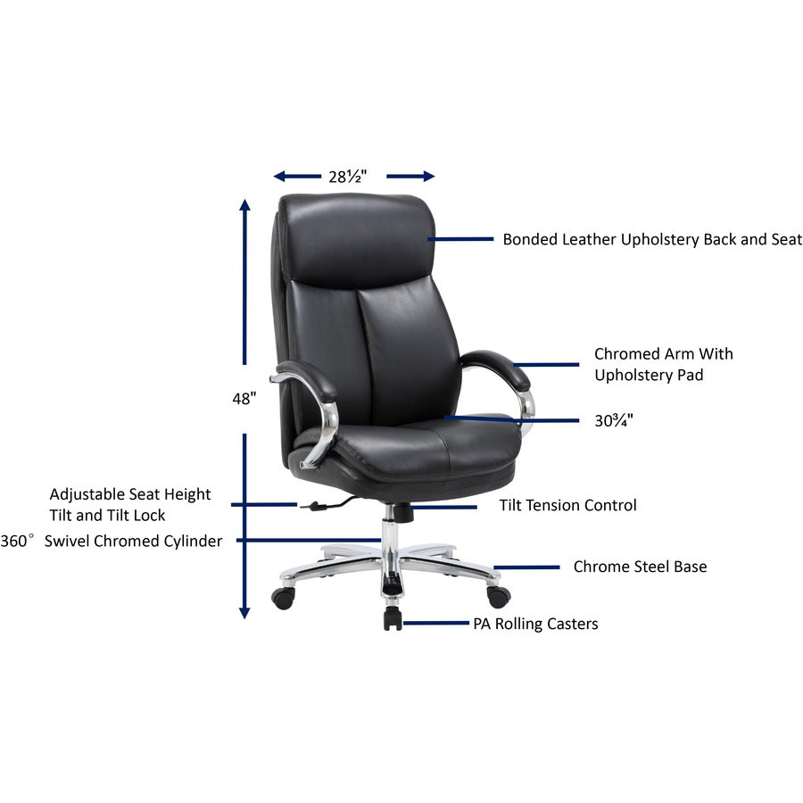 Lorell Big & Tall High-Back Chair - Bonded Leather Seat - Black Bonded Leather Back - High Back - Black - Armrest - 1 Each