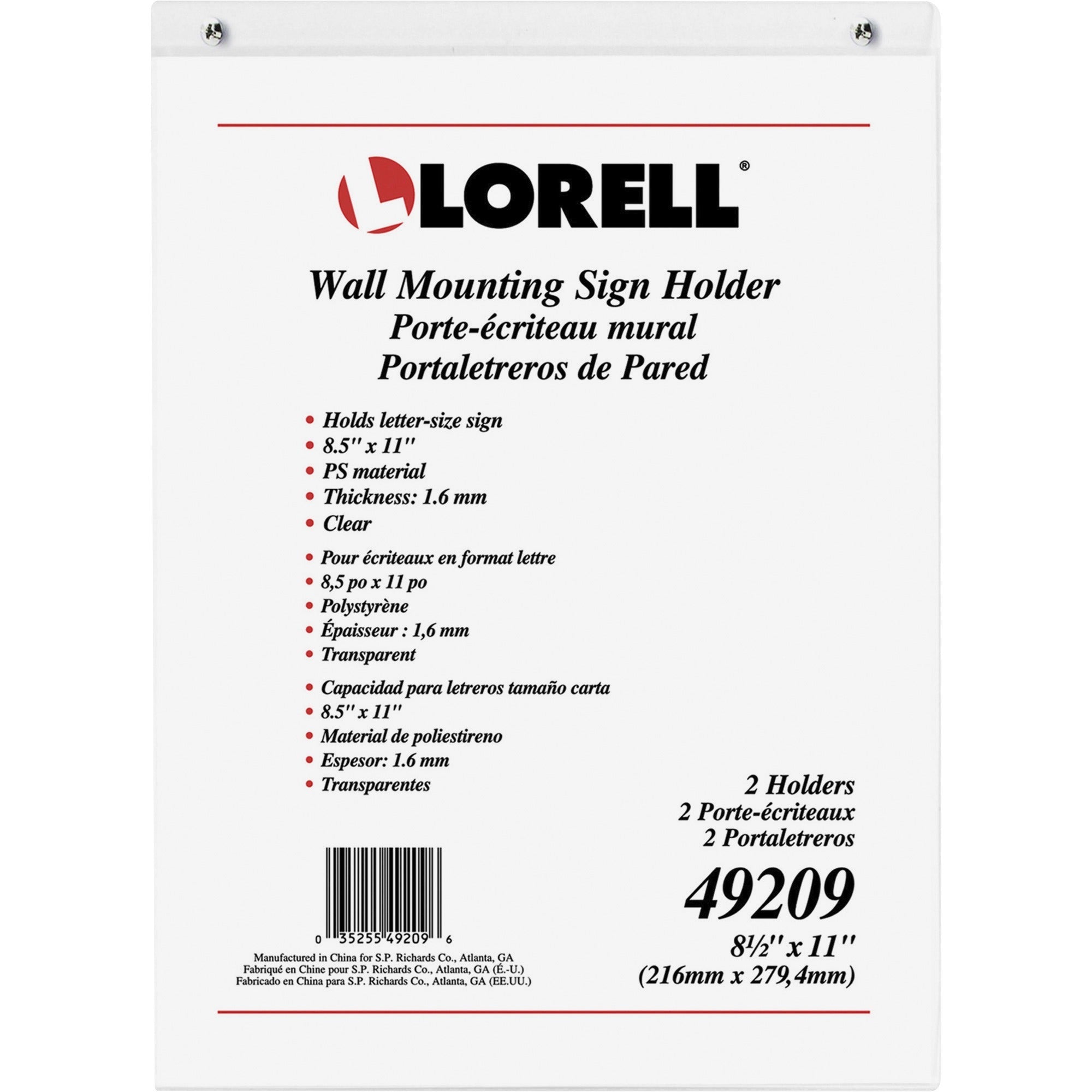 lorell-wall-mounted-sign-holders-support-850-x-11-media-acrylic-2-pack-clear_llr49209 - 2