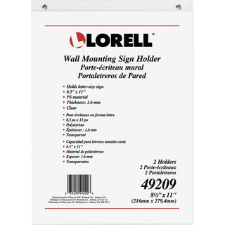 Lorell Wall-Mounted Sign Holders - Support 8.50" x 11" Media - Acrylic - 2 / Pack - Clear