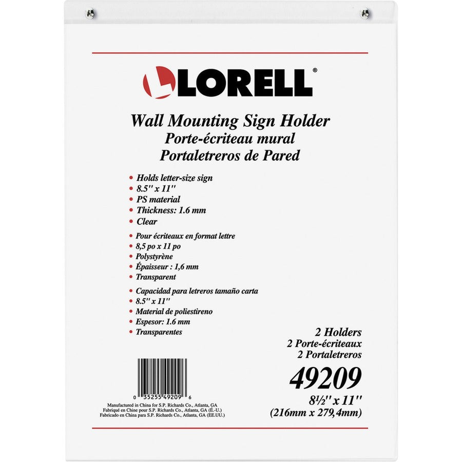 Lorell Wall-Mounted Sign Holders - Support 8.50" x 11" Media - Acrylic - 2 / Pack - Clear
