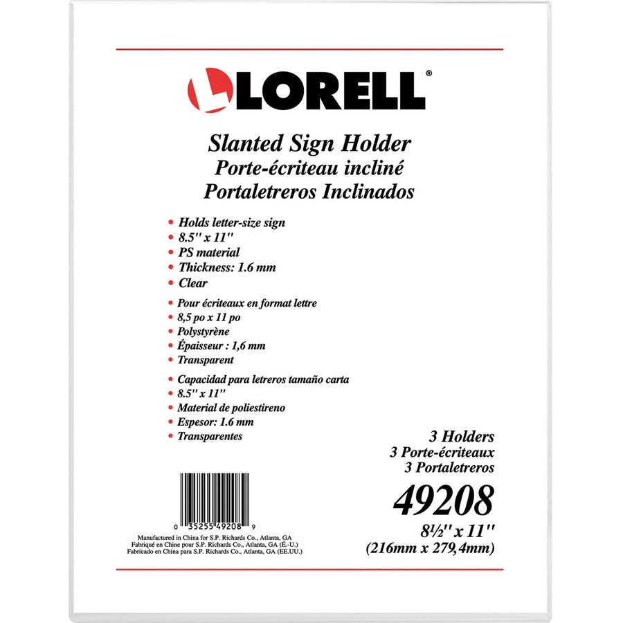 Lorell L-base Slanted Sign Holder Stand - Support 8.50" x 11" Media - Acrylic - 3 / Pack - Clear - 7