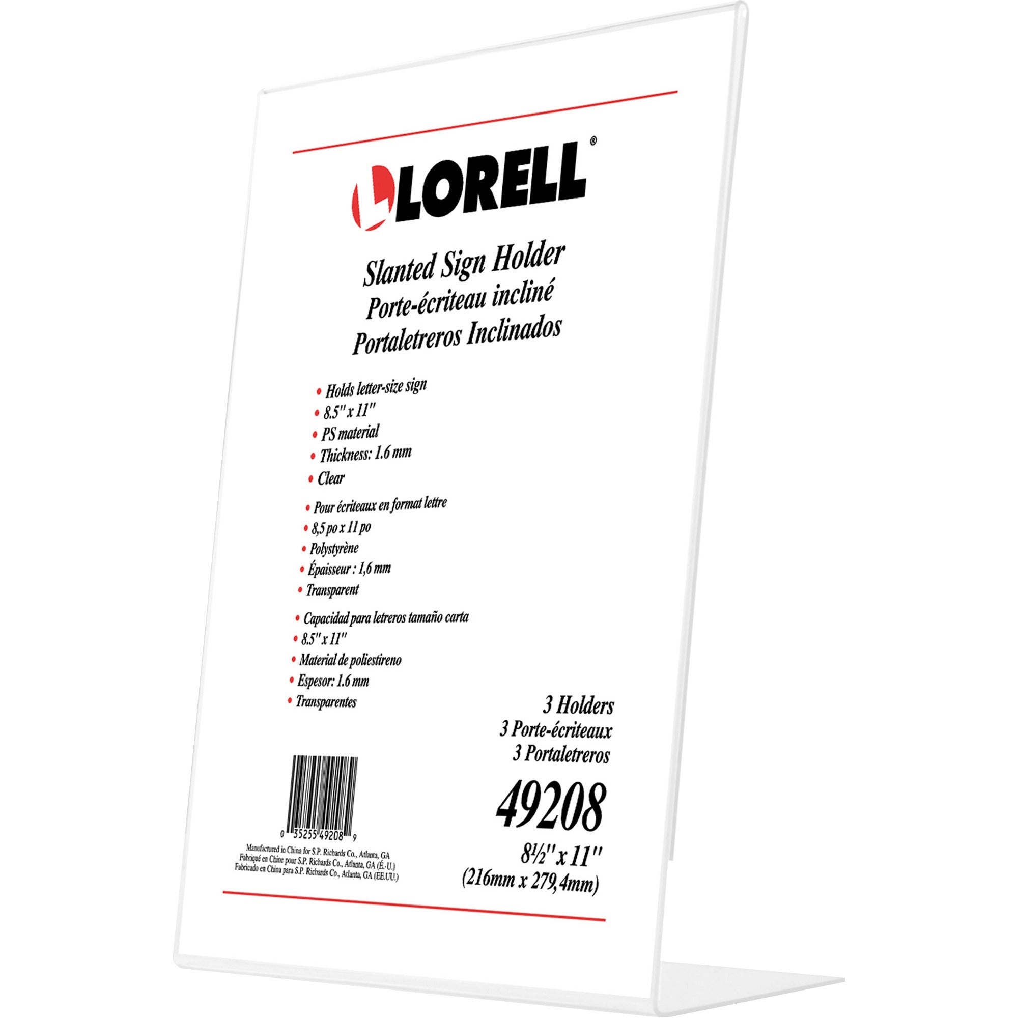 Lorell L-base Slanted Sign Holder Stand - Support 8.50" x 11" Media - Acrylic - 3 / Pack - Clear - 3