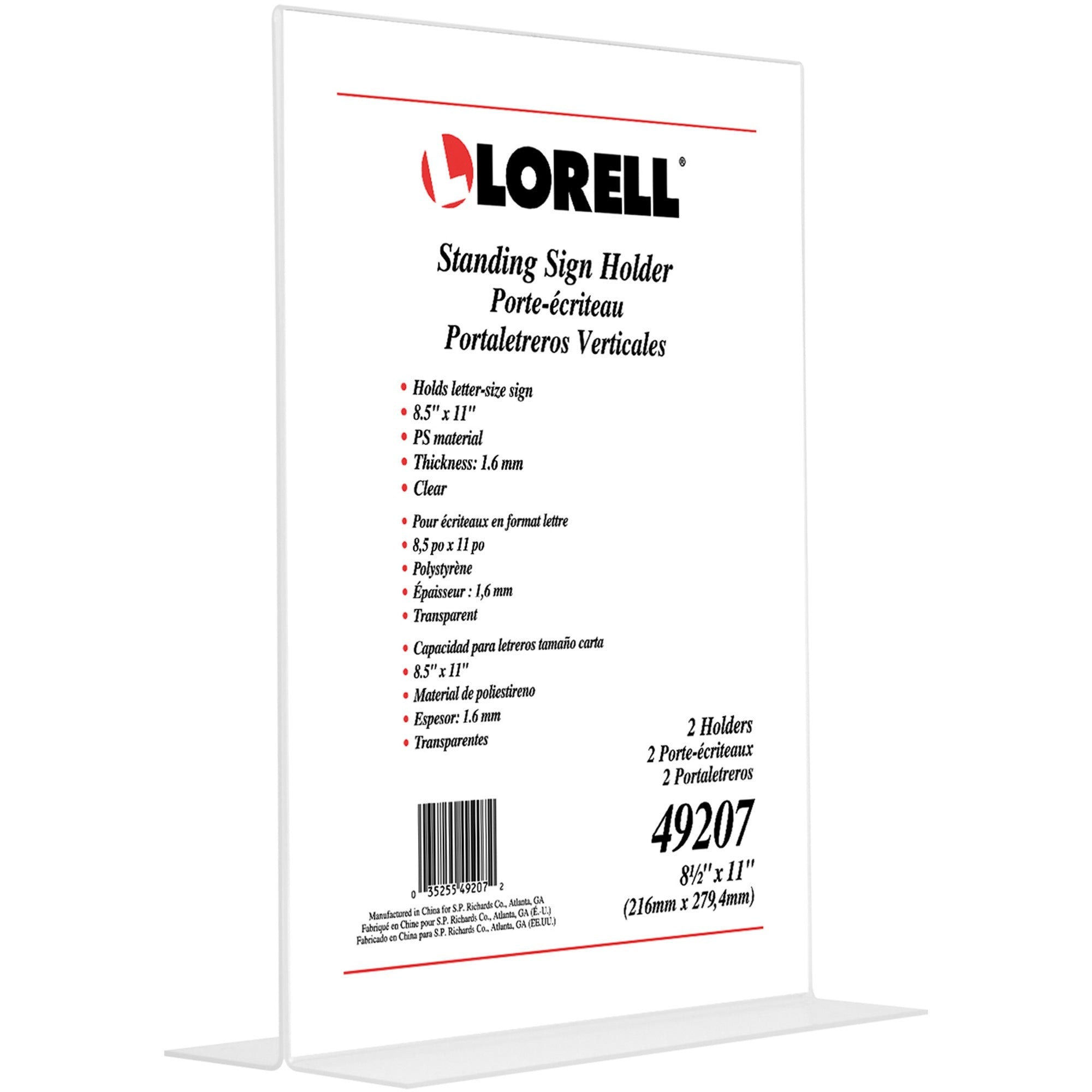 Lorell T-base Standing Sign Holders - Support 8.50" x 11" Media - Acrylic - 2 / Pack - Clear