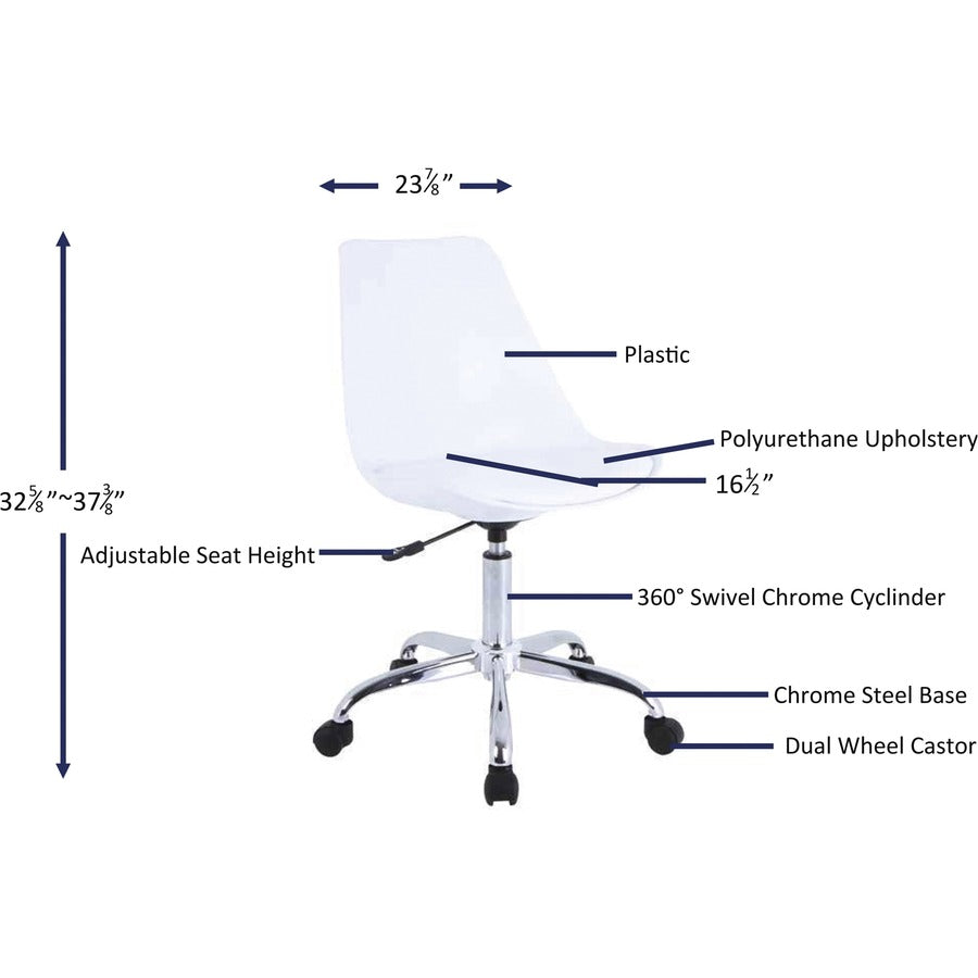 Lorell PVC Shell Task Chair - Plastic, Polyurethane Seat - Chrome Frame - 5-star Base - White - 1 Each