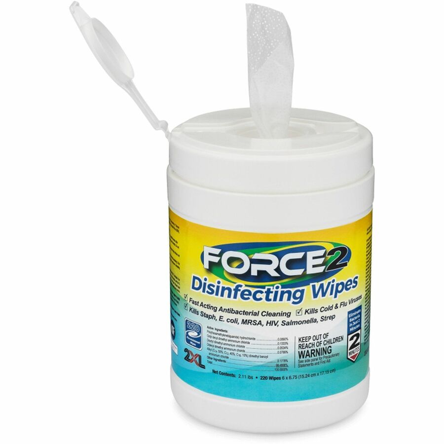2XL FORCE2 Disinfecting Wipes - 6.75" Length x 6" Width - 220 / Tub - 6 / Carton - Fast Acting, Non-toxic, Non-irritating, Pre-moistened, Alcohol-free, Phenol-free, Bleach-free, Ammonia-free - White