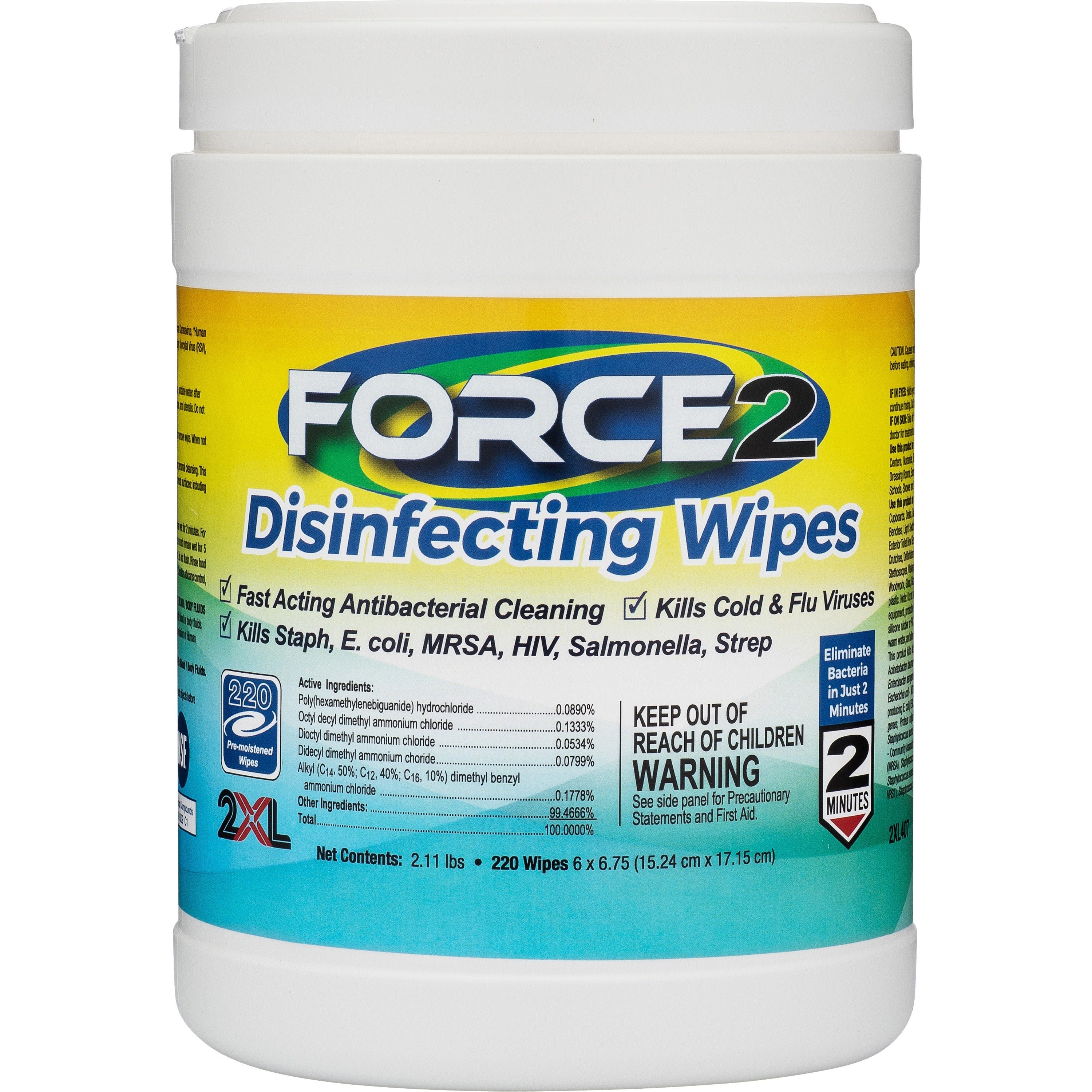 2xl-force2-disinfecting-wipes-675-length-x-6-width-220-tub-6-carton-fast-acting-non-toxic-non-irritating-pre-moistened-alcohol-free-phenol-free-bleach-free-ammonia-free-white_txl407ct - 2